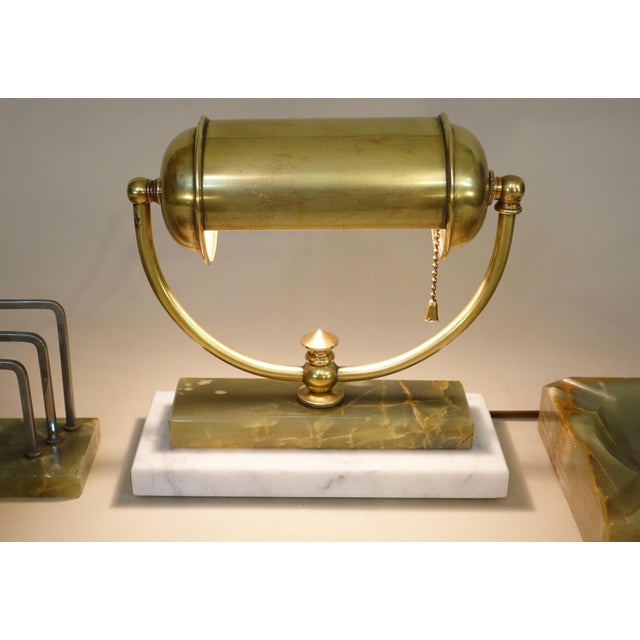 1930s Art Deco Green Marble Onyx Brass Table Lamp 6 Piece Desk Set 1930's Austria for B. Altman & Co For Sale - Image 5 of 12