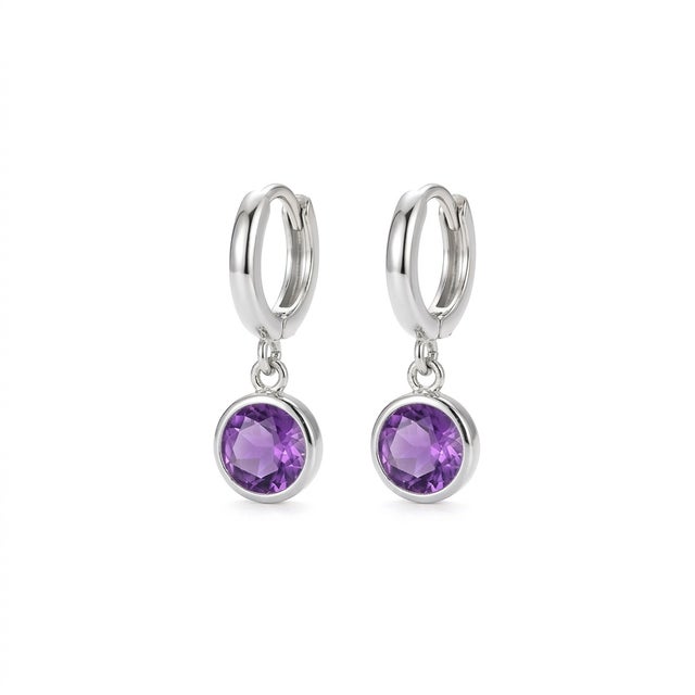 Contemporary Amethyst Hoop Huggies Earrings, February Birthstone Drop Earrings, A Pair For Sale - Image 3 of 5