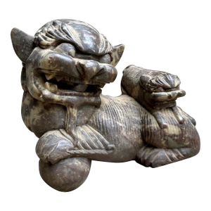 Antique Intricately Carved Solid Jasper Marble Foo Dog Sculpture