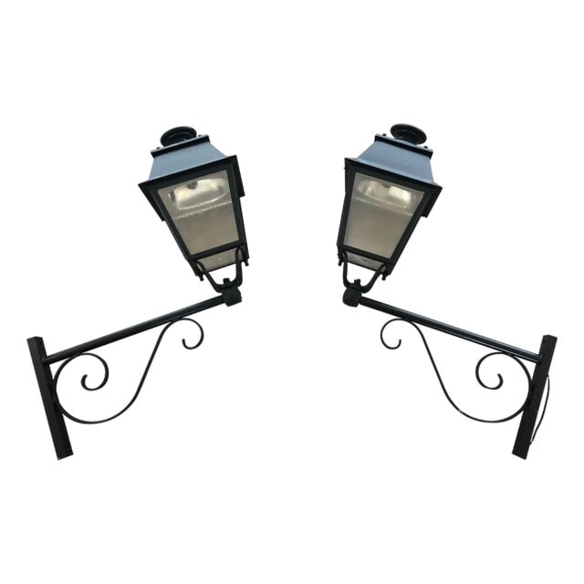 1950s Large Exterior Iron Lanterns on Supports - Set of 2 For Sale