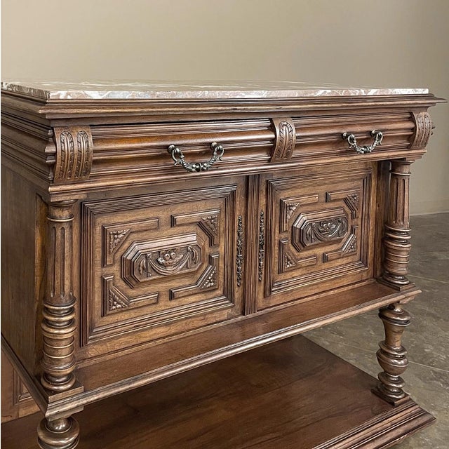 19th Century French Neoclassical Henri II Marble Top Walnut Buffet For Sale - Image 18 of 18