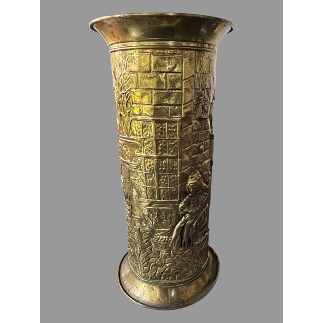 Early 20th Century Early 20th Century Vintage Antique English Brass Figural Scenic Repousse Umbrella Stand Vase For Sale - Image 5 of 12