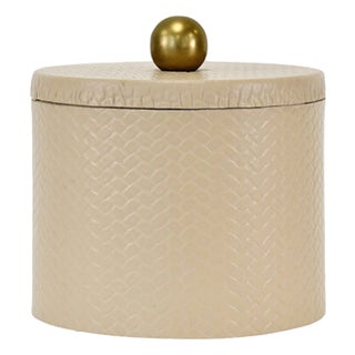 Matthew Izzo Home Emma Round Ivory Faux Leather Container With Lid and Brass Ball Handle For Sale