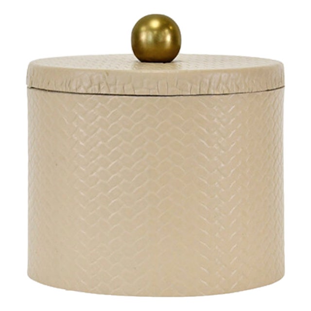 Matthew Izzo Home Emma Round Ivory Faux Leather Container With Lid and Brass Ball Handle For Sale