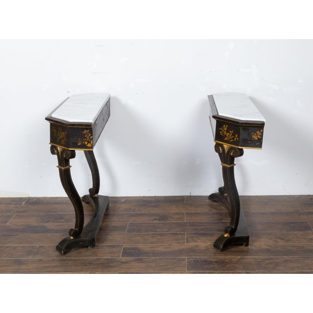 English Chinoiserie Black and Gold Console Tables with White Marble Tops, a Pair For Sale - Image 9 of 12