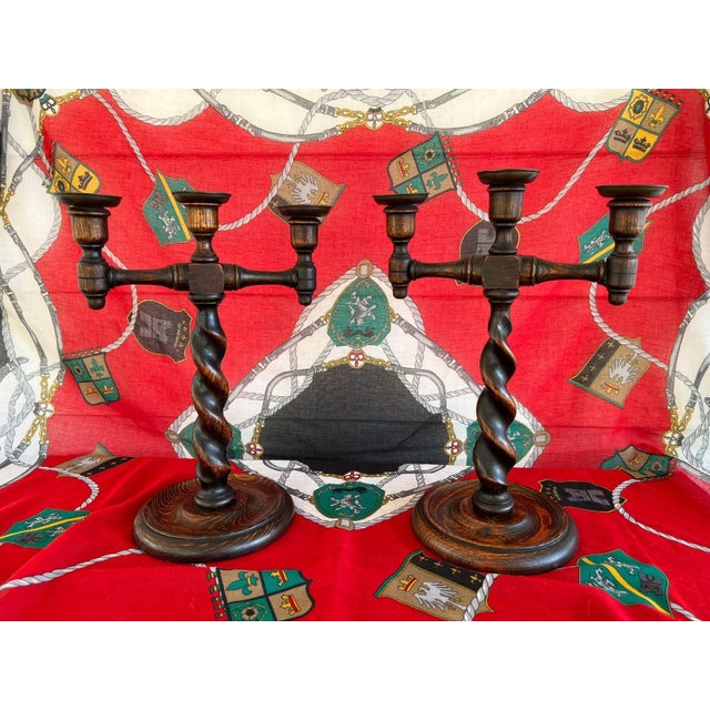 English Pair Antique English Oak Barley Twist Candlesticks Candelabras Candle Holders For Sale - Image 3 of 18
