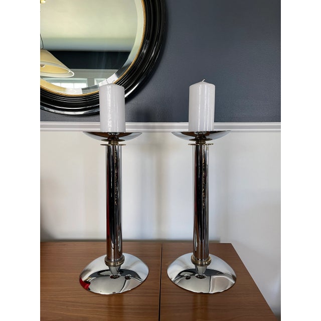 Karl Springer Chrome & Brass Postmodern Candlestick Holders For Sale - Image 10 of 11