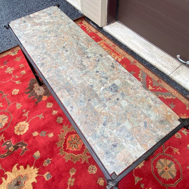 2000 - 2009 Contemporary Wrought Iron Tessellated Marble Top Console Table With X Stretcher For Sale - Image 5 of 13