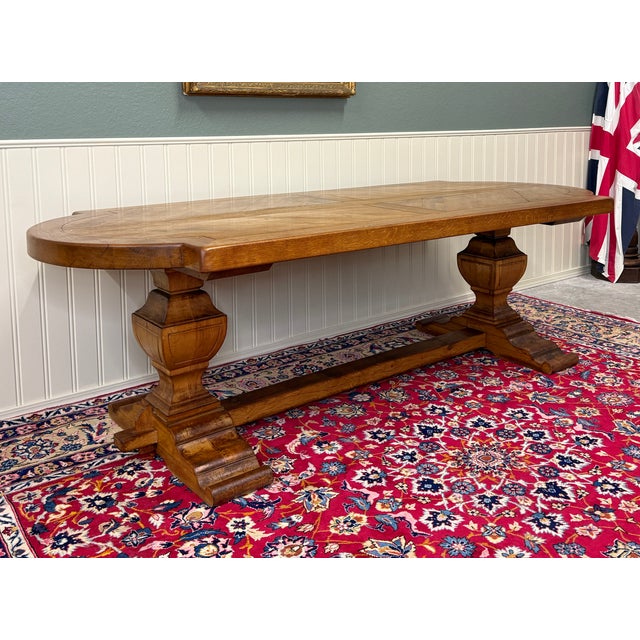 Wood Antique French Country Dining Table Farmhouse Pedestal Trestle Honey Oak 1930s For Sale - Image 7 of 18