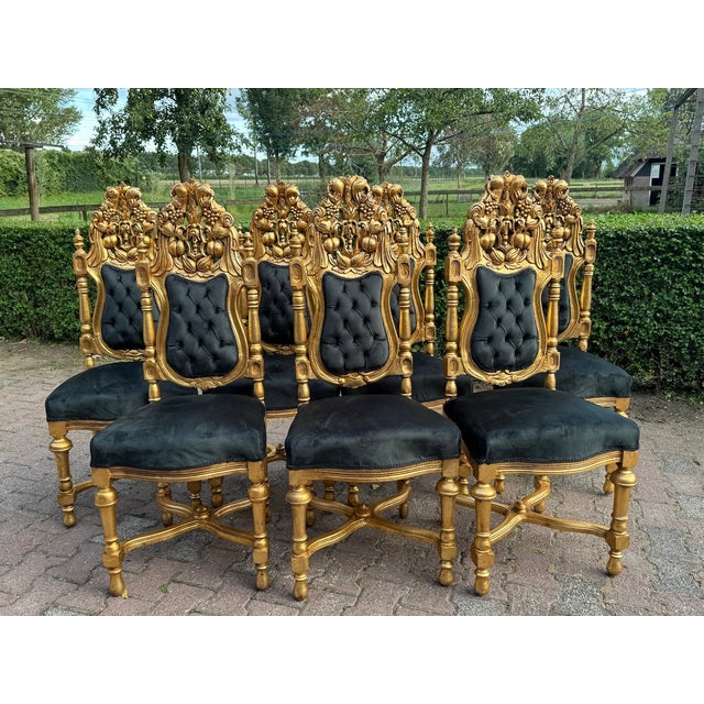 1900 Italian Rococo Gilded Beech Black Velvet Chairs – Set of 8pcs For Sale - Image 6 of 18