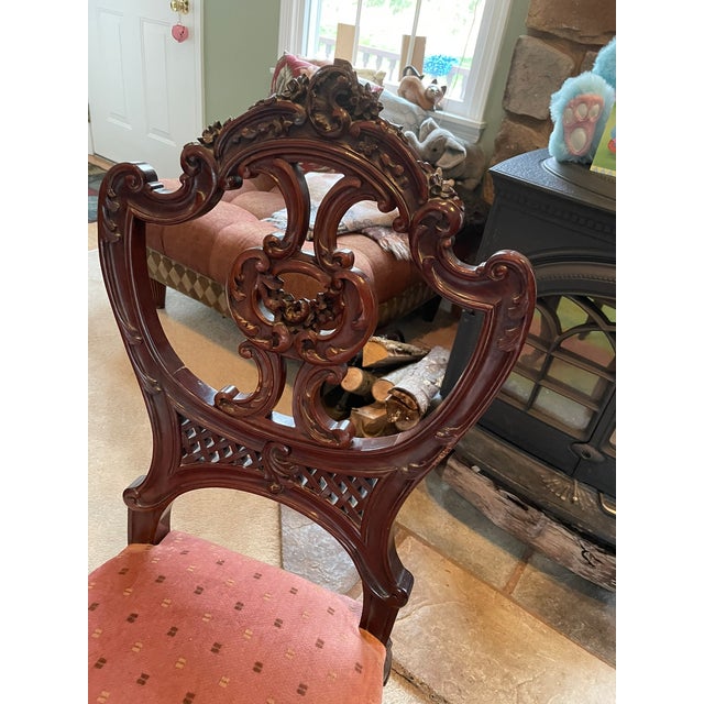Late 19th Century Victorian Mahogany Parlor Chairs – Carved Elegance With Tapestry Charm (Pair) For Sale In New York - Image 6 of 10