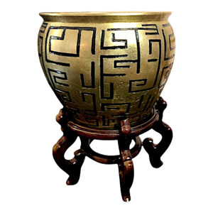 Bold Gilded Fishbowl Planter Incised Black Meander Motif on a Lacquered Wood Stand