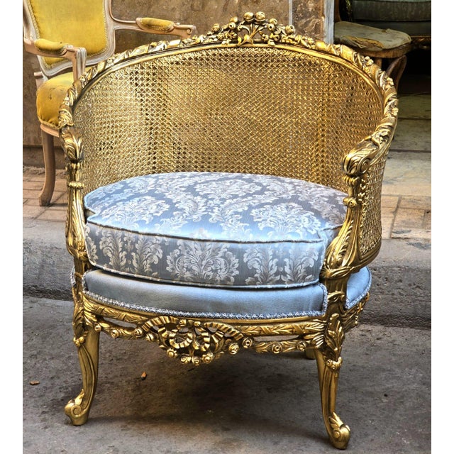 Baroque Style Sky Blue Damask Armchair – Gold Leaf Accent Chair With Pillow For Sale - Image 4 of 5