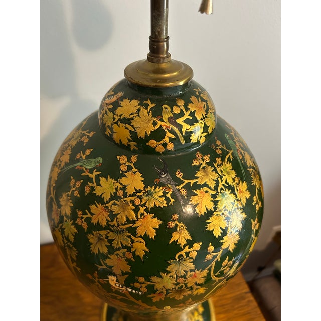 Antique Large Table Lamp Gold Laquored With Handpainted Birds and Leaves For Sale - Image 11 of 12