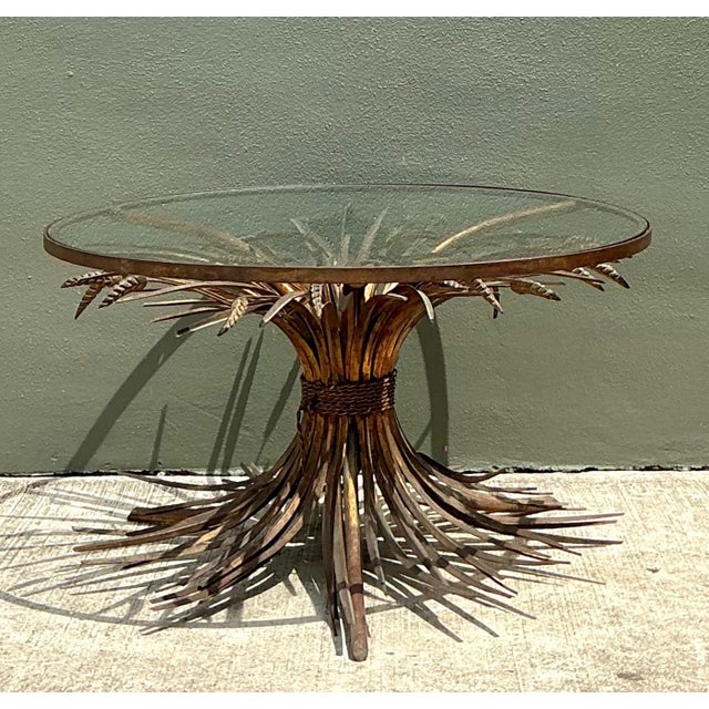 Metal Vintage Distressed Gilt Metal and Glass Wheat Sheaf Table For Sale - Image 7 of 13