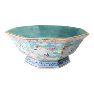 19th Century Chinese Turquoise and Famille Rose Octagonal Bowl With Cranes, Tongzhi Period For Sale