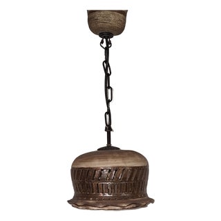 Vintage Rustic Ceiling Lamp with Beige-Brown Ceramic Shade on a Black Iron Chain, 1970s For Sale