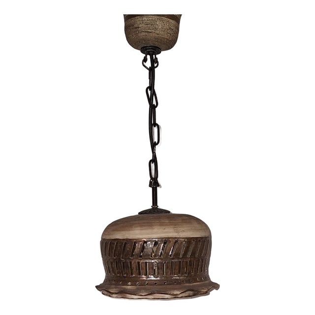 Vintage Rustic Ceiling Lamp with Beige-Brown Ceramic Shade on a Black Iron Chain, 1970s For Sale