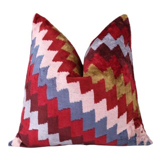 Handmade Velvet Houndstooth Pillow – 20x20" Red & Gold Silk Cushion For Sale