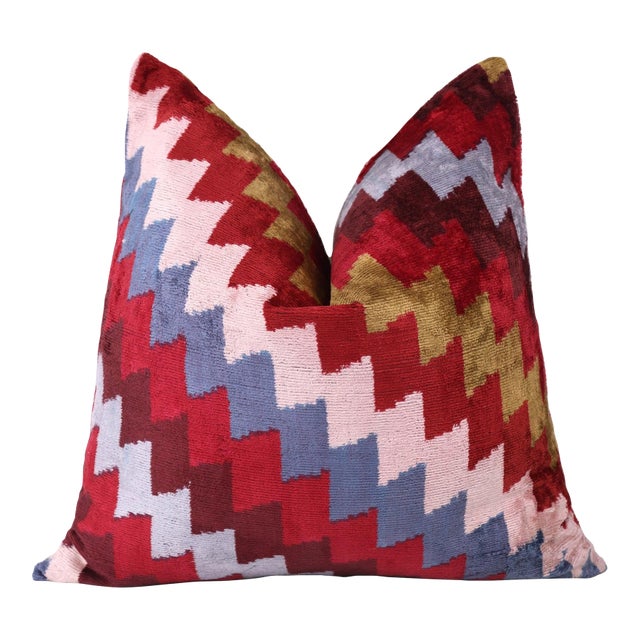 Handmade Velvet Houndstooth Pillow – 20x20" Red & Gold Silk Cushion For Sale