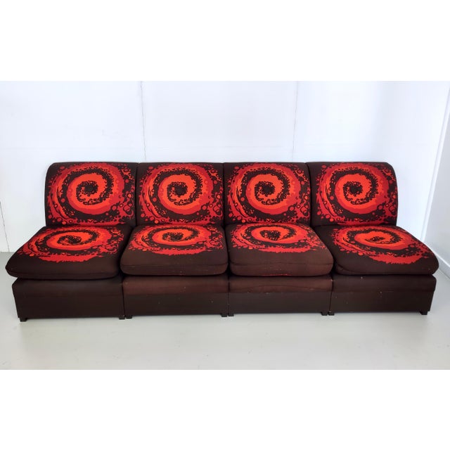Italian Brown Lounge Chairs with Orange Red Spiral Motifs, 1970s, Set of 4 For Sale - Image 12 of 15