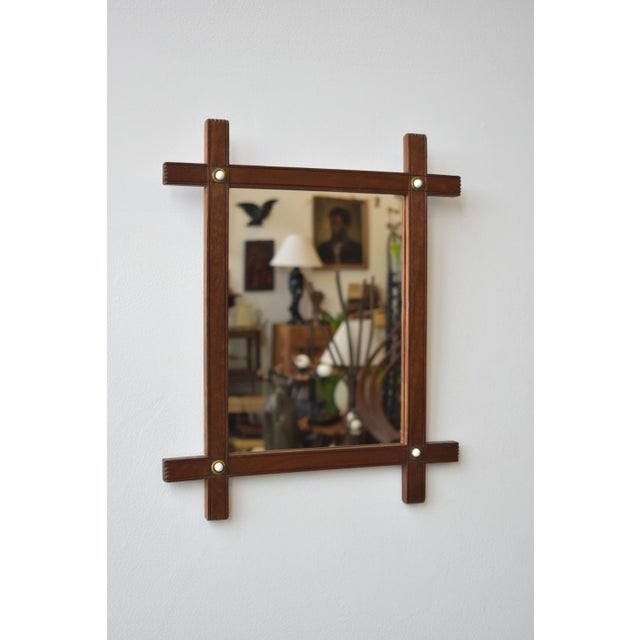 Antique Walnut Cross-Hatch Framed Mirror With Porcelain + Brass Cabochon Details, Circa Early 20th Century For Sale - Image 4 of 13