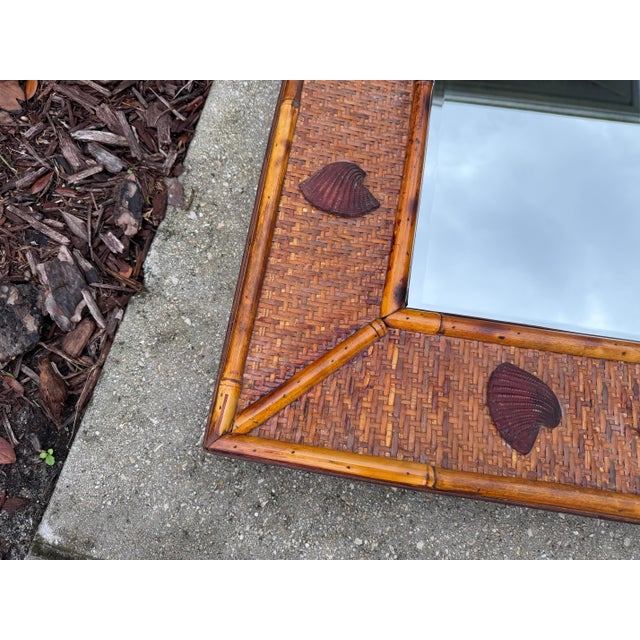 English Vintage Bassett Coastal Burnt Bamboo, Rattan & Shell Wall Mirror For Sale - Image 3 of 9