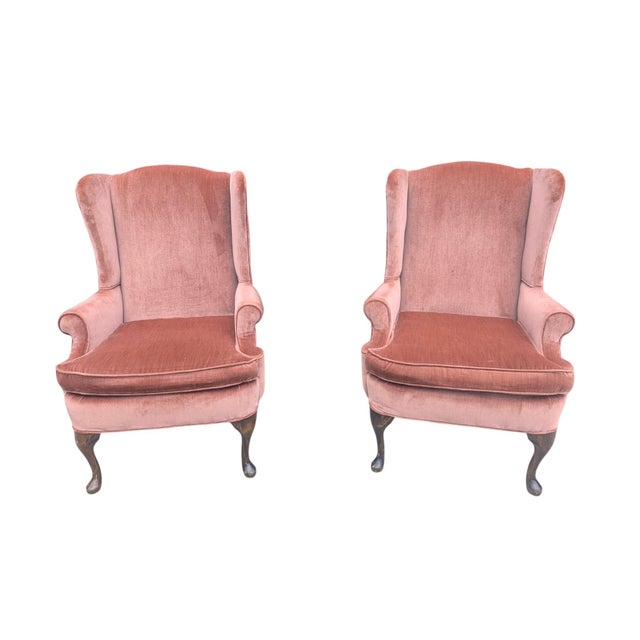 Mid 20th Century Rose Gold Pink Crushed Velvet Wingback Chairs- A Pair For Sale - Image 12 of 18