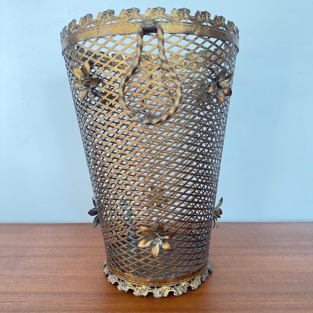 Brass Perforated Umbrella Stand with Detailed Flowers, 1950 For Sale - Image 6 of 9