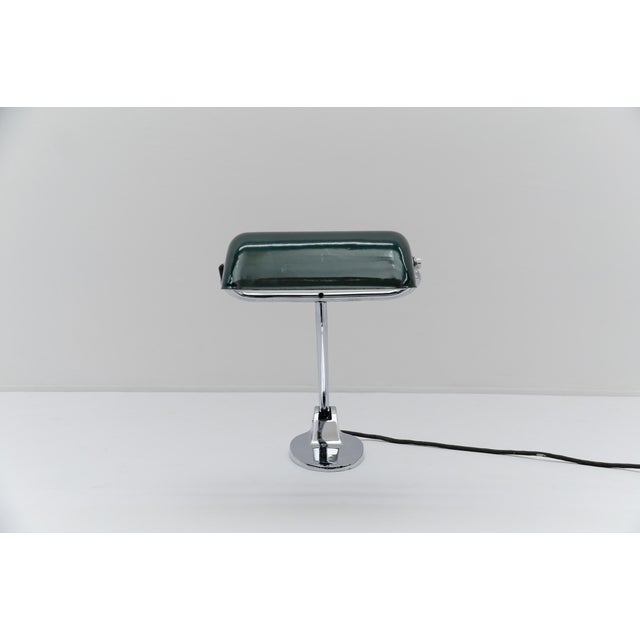Bauhaus Chrome and Green Enamel Banker Lamp by Jacobus, 1930s For Sale - Image 12 of 18