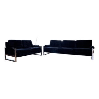 Vintage Chrome & Black Plush Upholstered Sofa and Loveseat Set in the Style of Milo Baughman & Adrian Pearsall For Sale