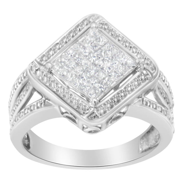 .925 Sterling Silver 2/5 Cttw Princess Cut Diamond Square On Point Cluster Composite Cocktail Ring (H-I Color, SI1-SI2 Clarity) - Size 6 For Sale