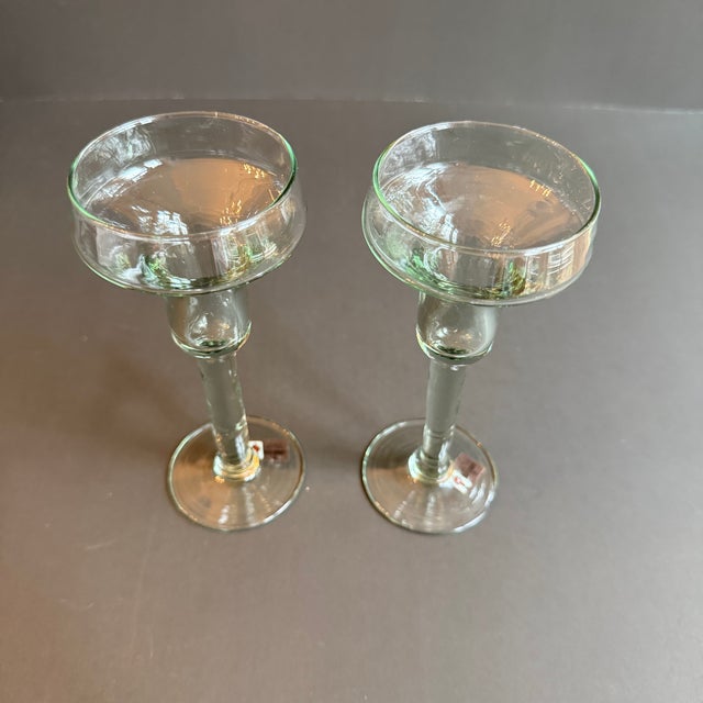Light Green Set of 2 Vintage La Mediterranea Green Glass Candlesticks For Sale - Image 8 of 8
