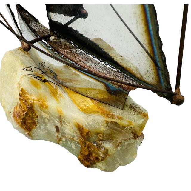 1970s Brutalist Metal Sailboat Sculpture on Onyx Base by DeMott - Set With Original Tag For Sale - Image 13 of 16