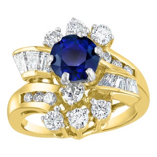 1 Carat Round Blue Sapphire & 1.65 Carat Diamond Cocktail Ring in 14 Karat Gold For Sale