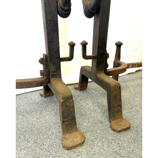 Early 1900's Addison Mizner Mediterranean/ Spanish Colonial Revival Hand Forged Wrought Iron Andirons - A Pair For Sale - Image 15 of 18