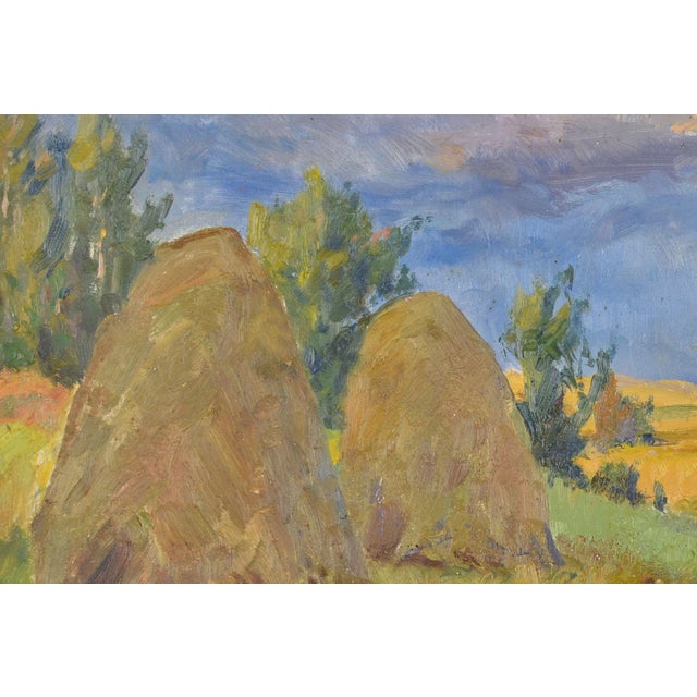 Arnolds Pankoks, Landscape with Haystacks, Oil on Cardboard, 1990s For Sale - Image 4 of 9