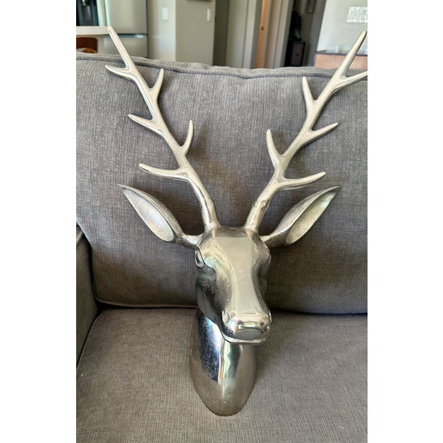 Silver Large Modernist Cast Polished Metal Deer Antler Head Wall Sculpture For Sale - Image 8 of 15