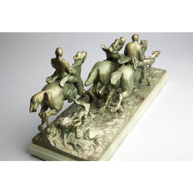 Continental Gilt Metal Equestrian Hunt Group, Circa 1900 — Riders, Horses & Hounds on Green Onyx Base For Sale - Image 12 of 14