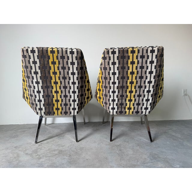 Metal Thayer Coggin Geometric Fabric Upholstery Lounge Chairs With Chrome Legs – A Pair For Sale - Image 7 of 18
