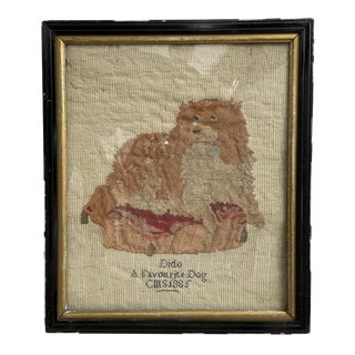 1885 Spaniel on a Pillow Framed Needlework For Sale