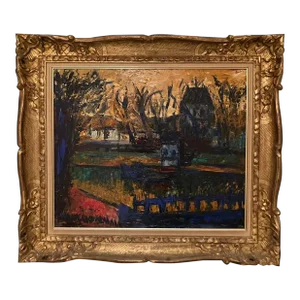1950s Expressionist Landscape with House Oil Painting, Framed