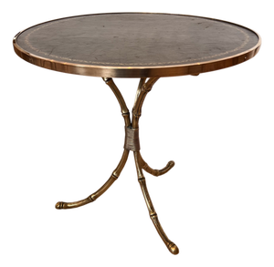 Mid-Century French Faux Bamboo Brass Side Table with Tooled Leather Top, 1960s