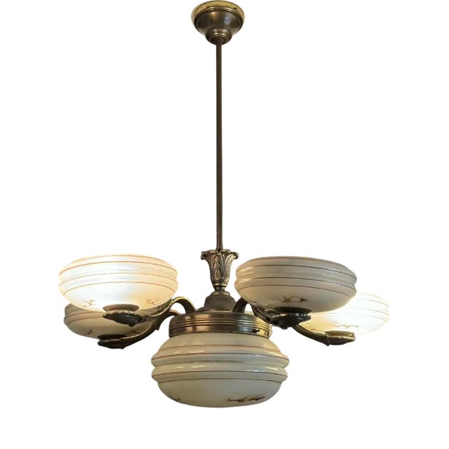 Art Deco Brass and Glass 5-Arm Chandelier, Central Europe, 1940s For Sale