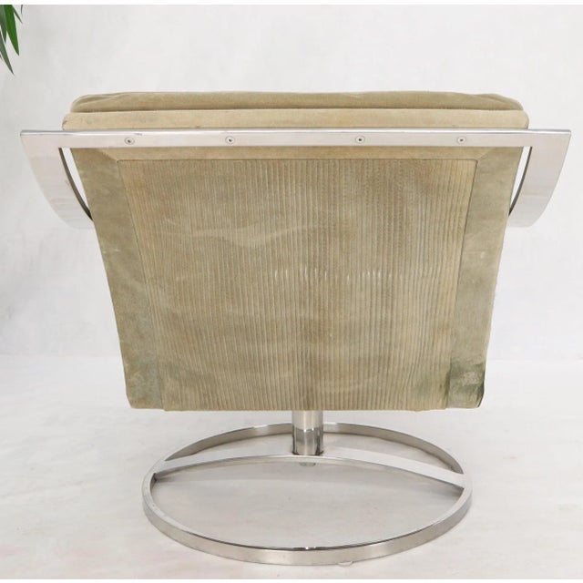 Brown Heavy Gage Polished Stainless Steel Swivel Base Suede Upholstery Lounge Chair For Sale - Image 8 of 13