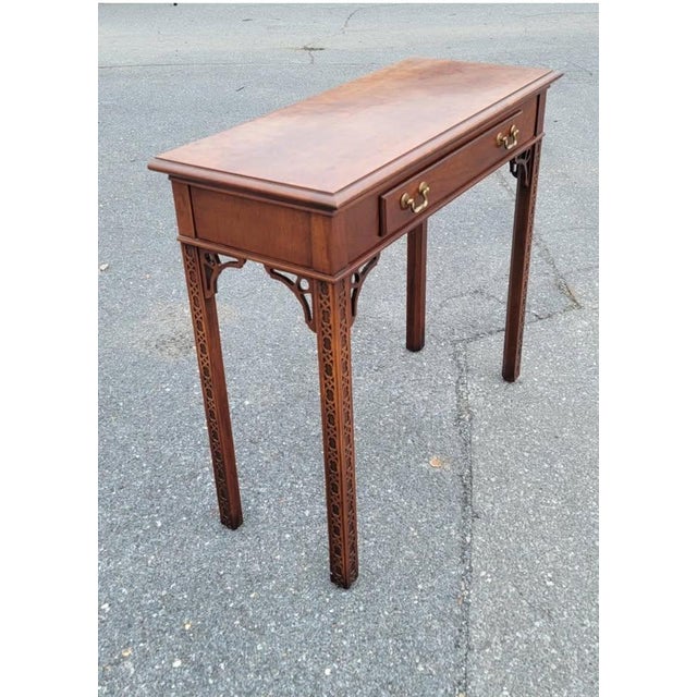 Chippendale 1960s Chippendale Walnut Burl Console Table With Banded Top For Sale - Image 3 of 10