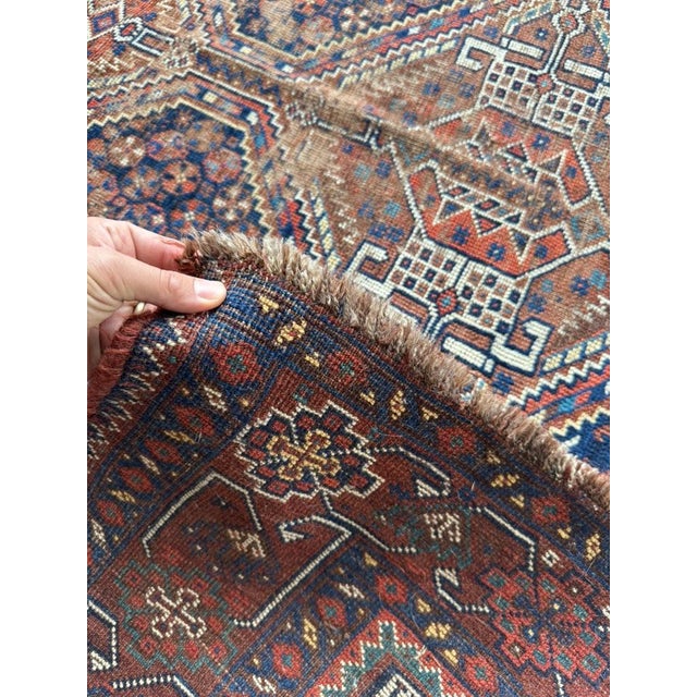 1920s Southwest Persian Khamseh Deep Blues, Amber, Peacock Green Rug 7.8 x 9 For Sale - Image 13 of 13
