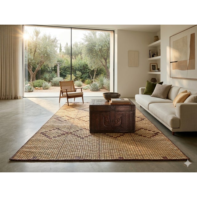 Handwoven Tuareg rug, originating from Mauritania. Made from natural plant fibers and structured with leather strips, this...