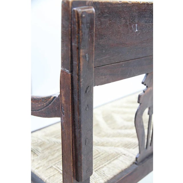 Wood Antique Neoclassical Carved Lyre-Back Hall Bench With Rush Seat | Five-Seat Dining or Entry Bench For Sale - Image 7 of 12