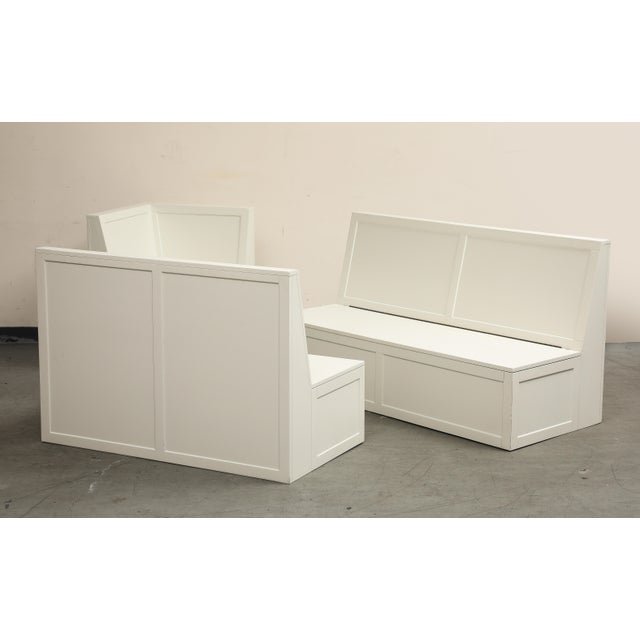L-Shaped White Wood Corner Storage Banquette With Custom Cushions ...